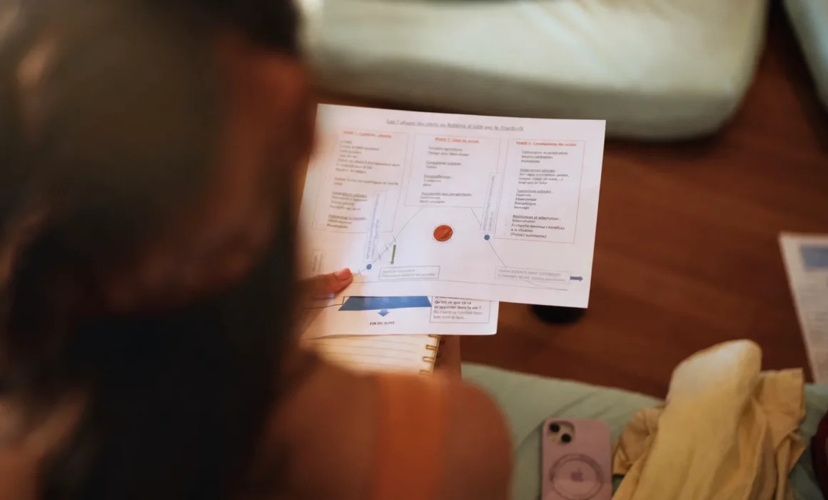 Personne consultant un document imprimé sur une table en bois
