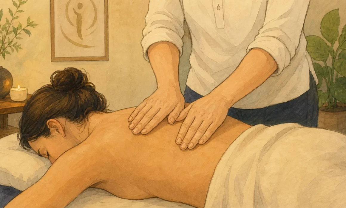 Mains posées sur le haut du dos d’une personne allongée, illustrant une pratique du toucher corporel.